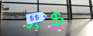 Cartoon dollar signs running through an airport terminal